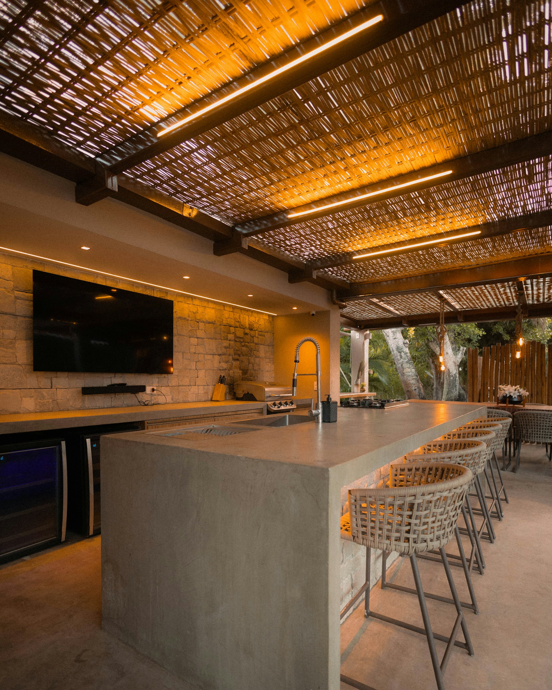 Modern outdoor kitchen at a luxury Riviera Maya villa prepared for a private chef dining experience.